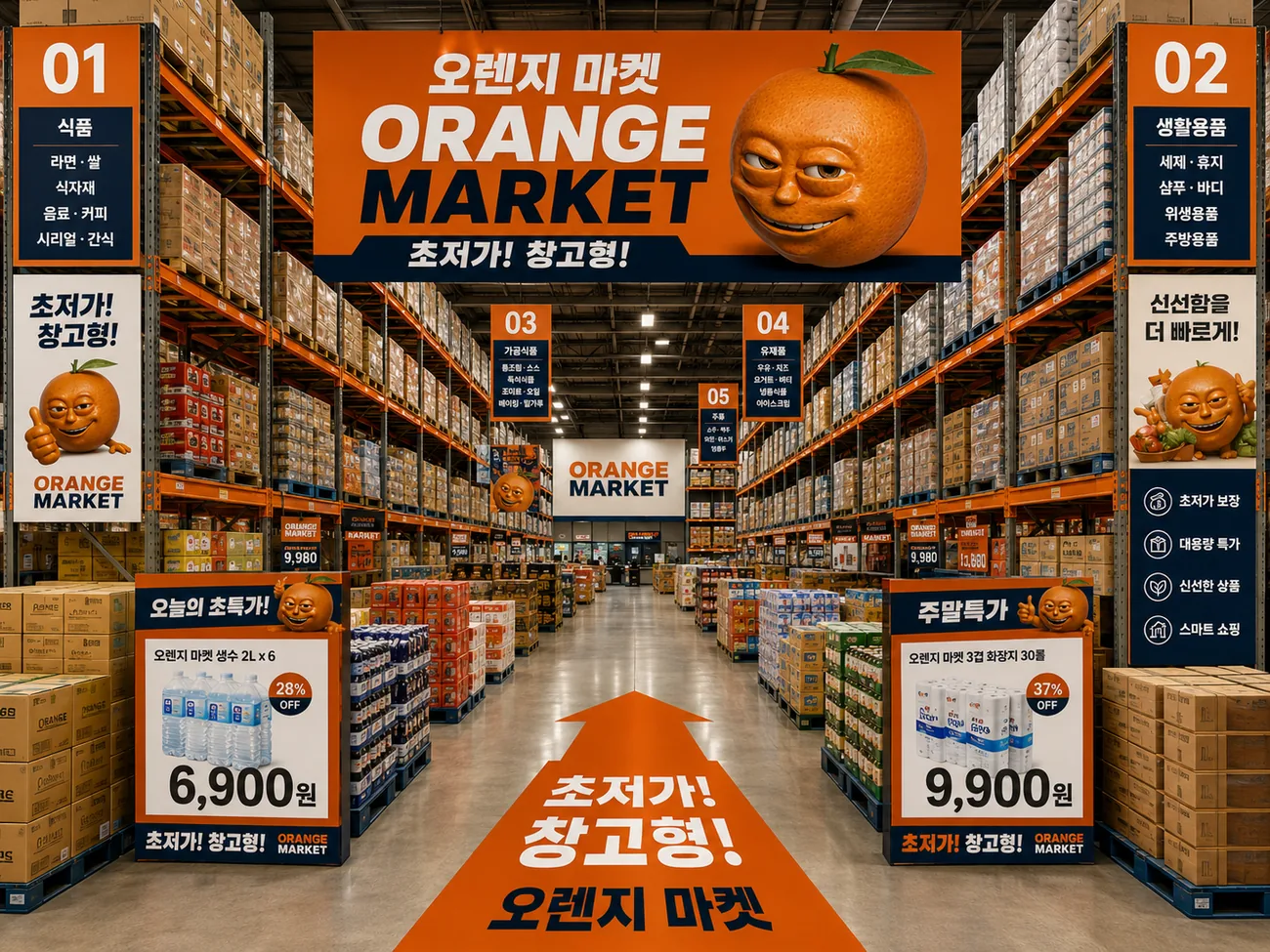 통로 번호 안내판이 걸린 매장 통로.