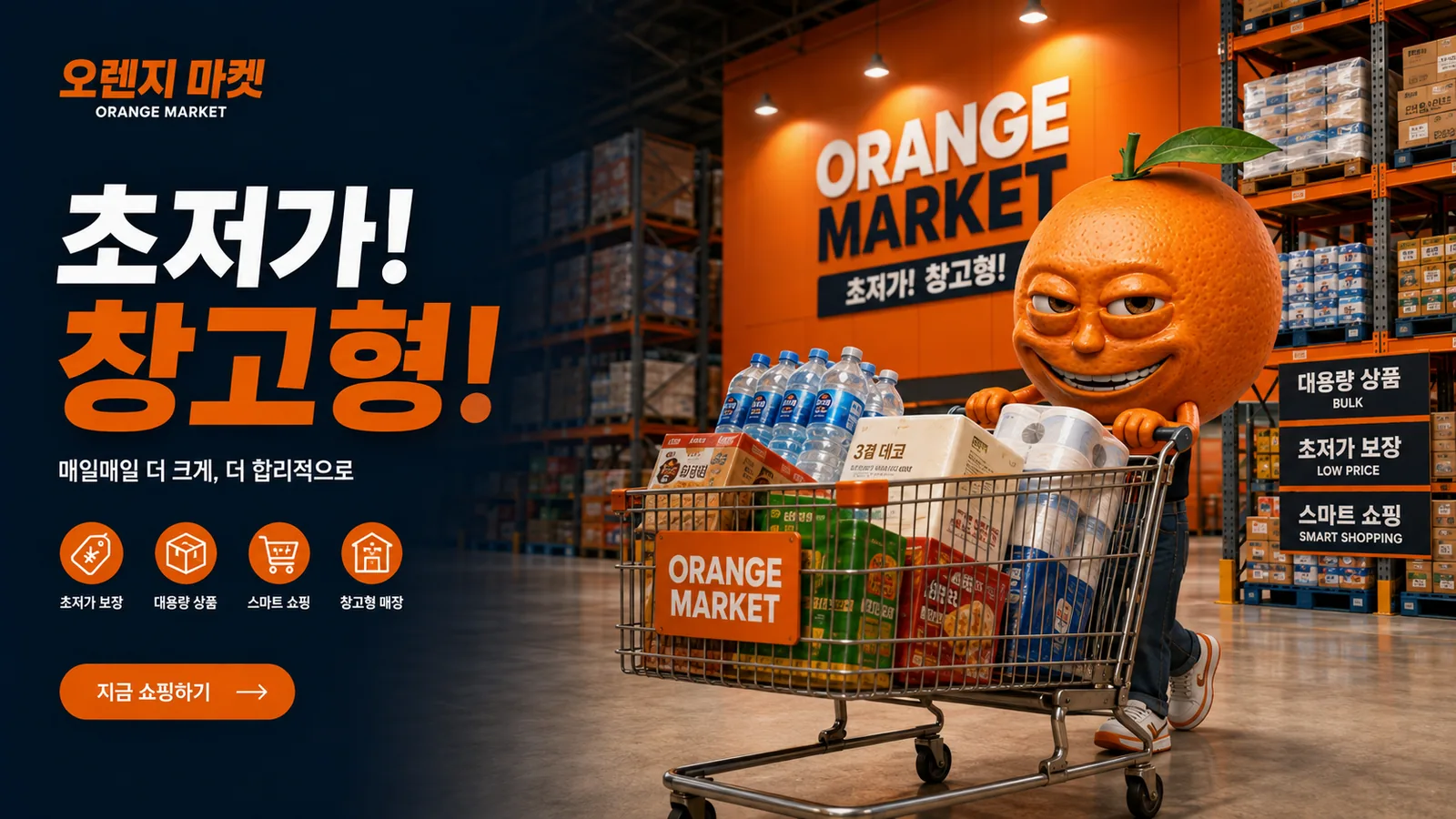 초저가 창고형 문구와 장바구니 상품이 담긴 오렌지 마켓 홍보 배너.