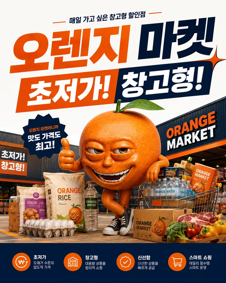 오렌지 마켓 브랜드 포스터. 마스코트 캐릭터와 초저가 창고형 문구가 있습니다.