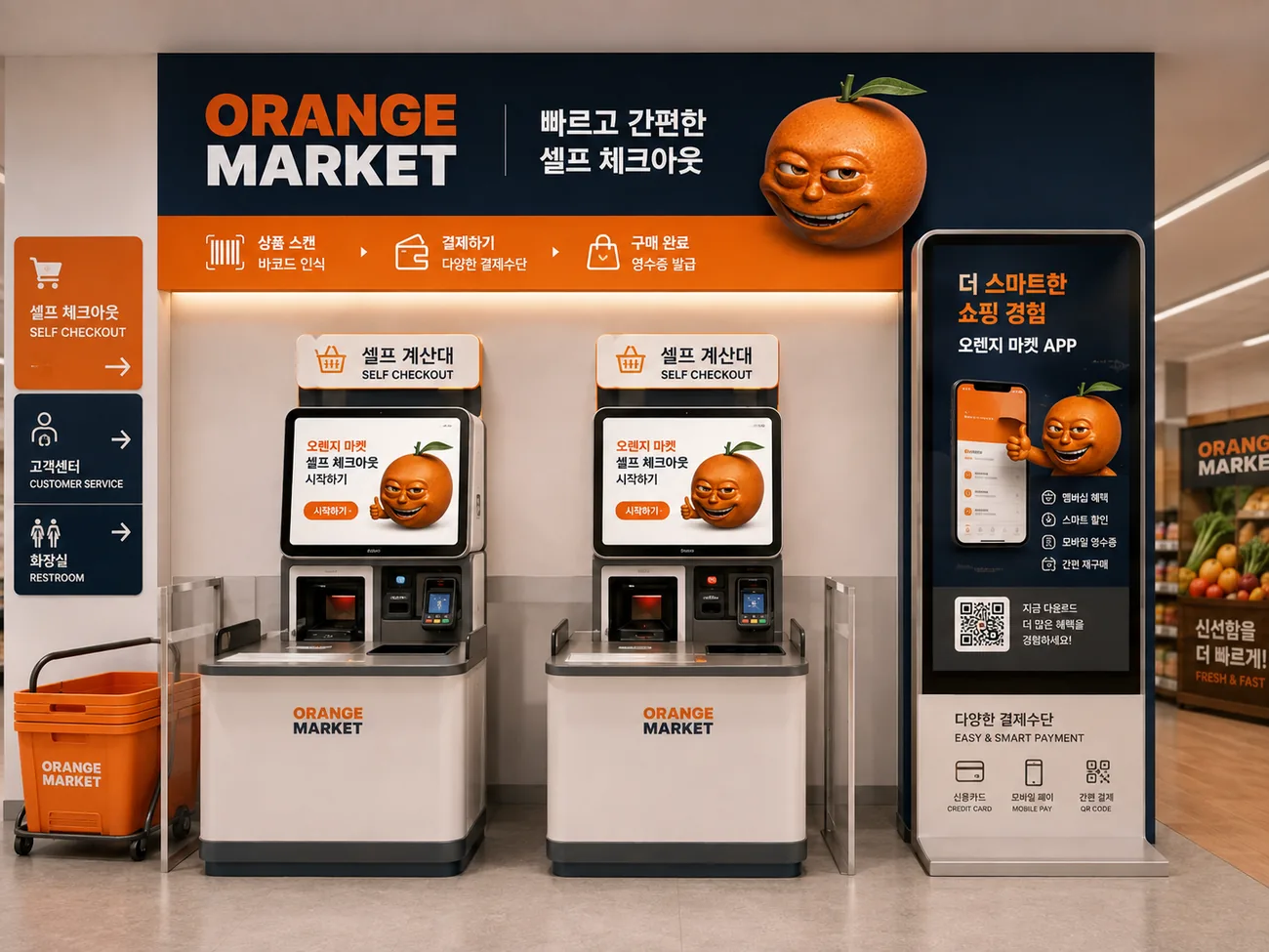 매장 계산 구역과 셀프 계산대, 생활용품 안내 사이니지.