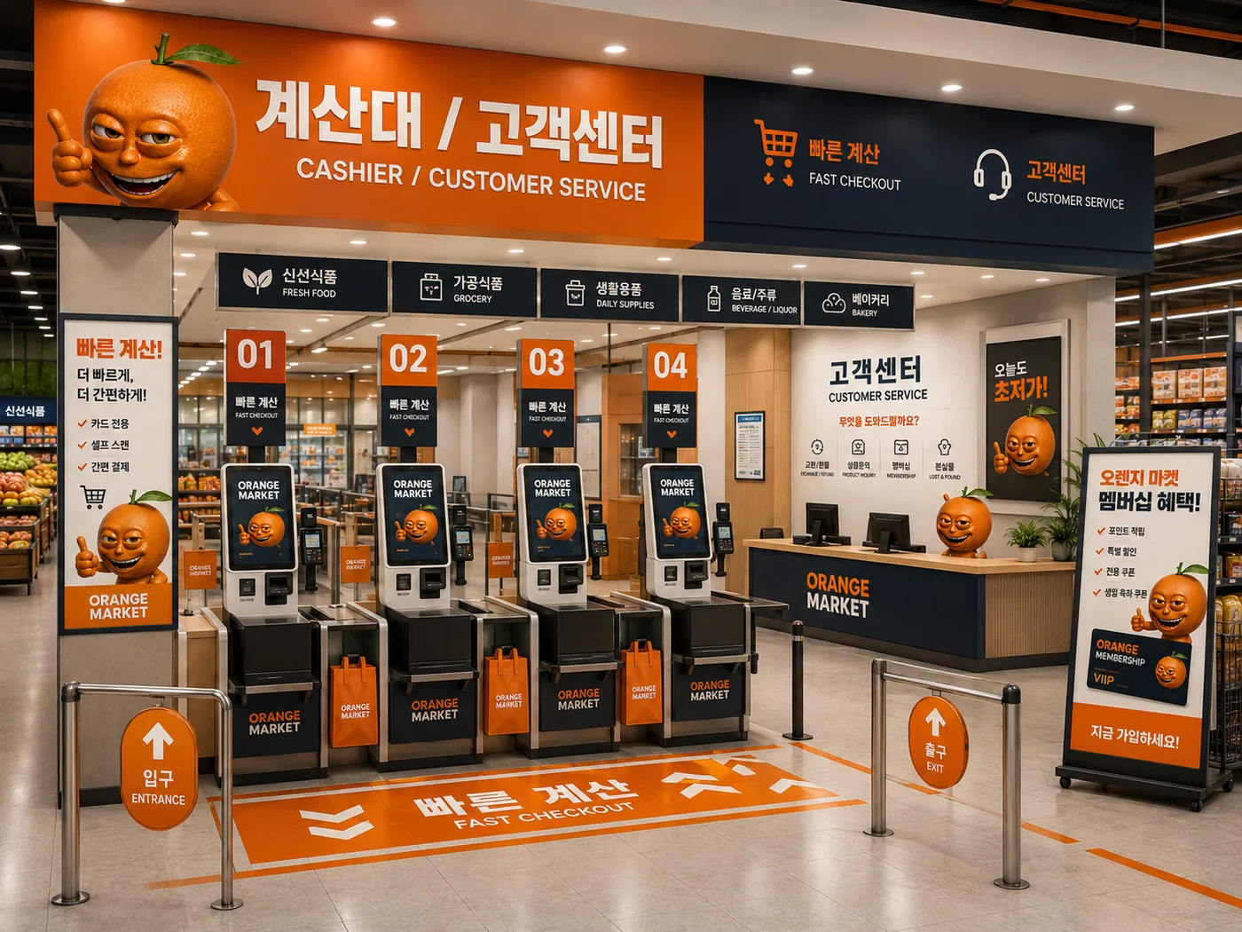 셀프 계산대 네 대와 고객센터 데스크가 있는 매장 계산 구역.