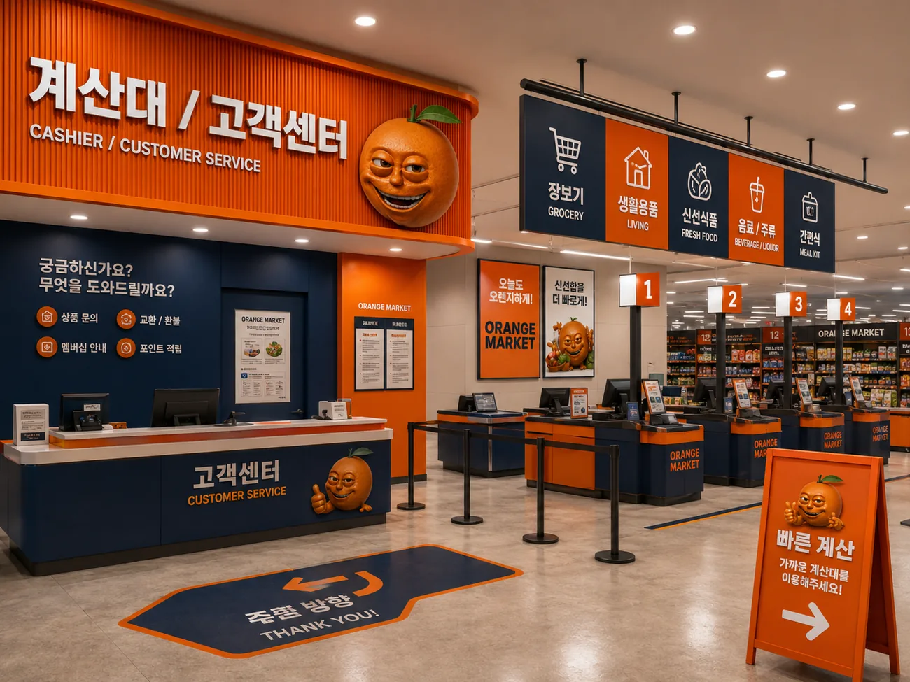 계산대와 고객센터 데스크가 있는 매장 출구 구역.