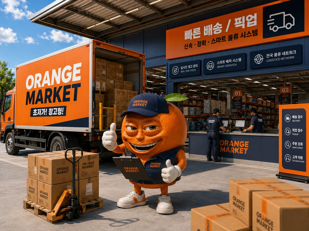 오렌지 마켓 배송 트럭 앞에 팔레트와 박스가 놓인 물류 하역 구역.