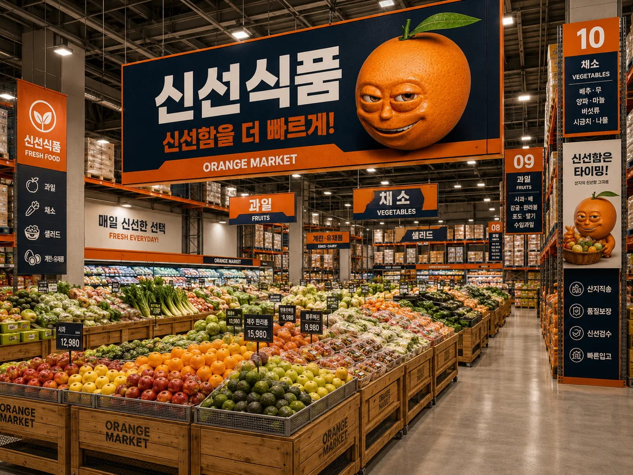 넓은 신선식품 매장 통로와 과일·채소 매대.