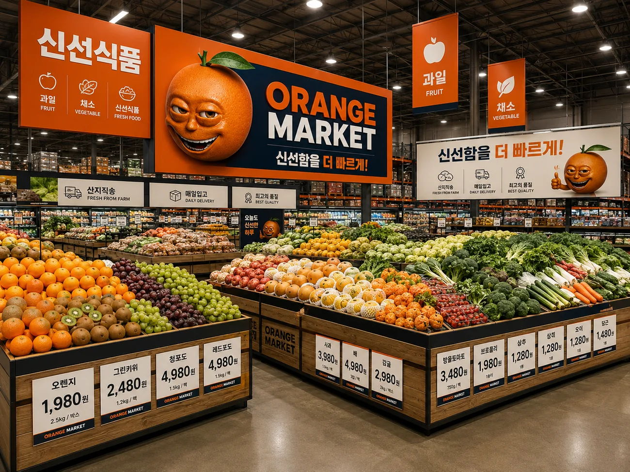 나무 박스에 담긴 채소와 과일이 늘어선 신선식품 코너.