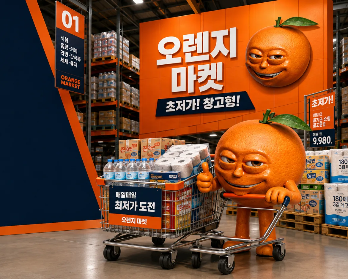 카트를 밀고 있는 오렌지 마켓 마스코트 캐릭터와 통로 안내판.