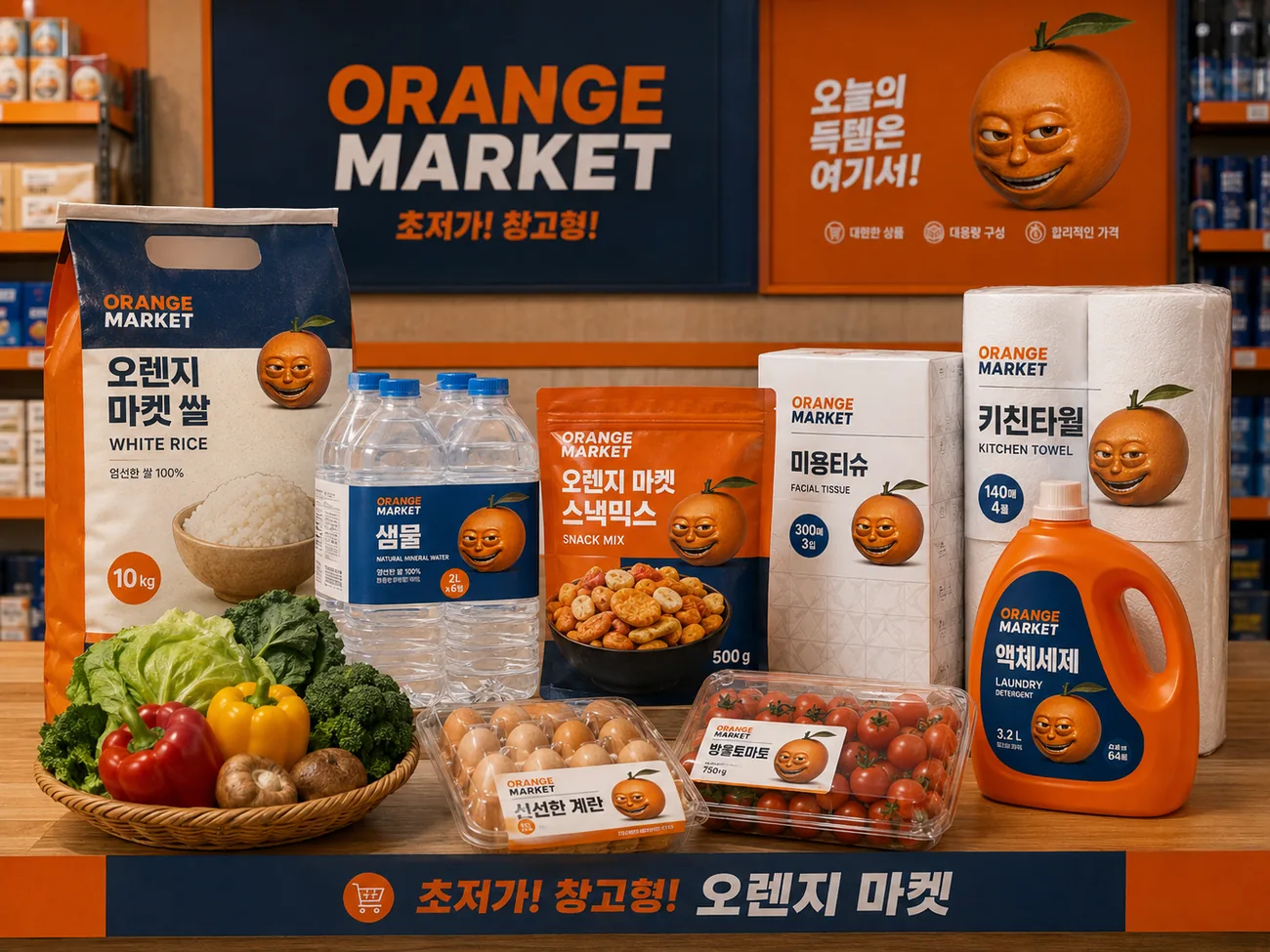 오렌지 마켓 자체 브랜드 상품 진열 이미지.