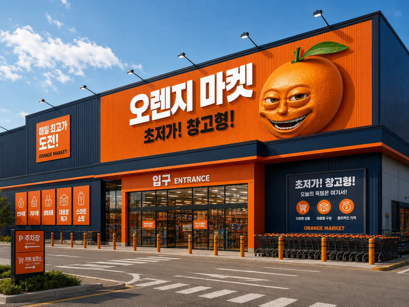주간 시간대에 촬영된 오렌지 마켓 매장 외관 조감도.