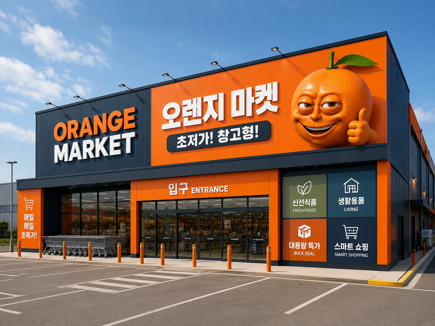 오렌지 마켓 매장 외관 조감도. 정면에 오렌지 마켓 간판과 신선식품·생활용품·대용량 특가·스마트 쇼핑 안내판이 있습니다.